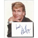 Patrick Swayze signed white card with 10x8 colour photo. Good condition. All autographs come with