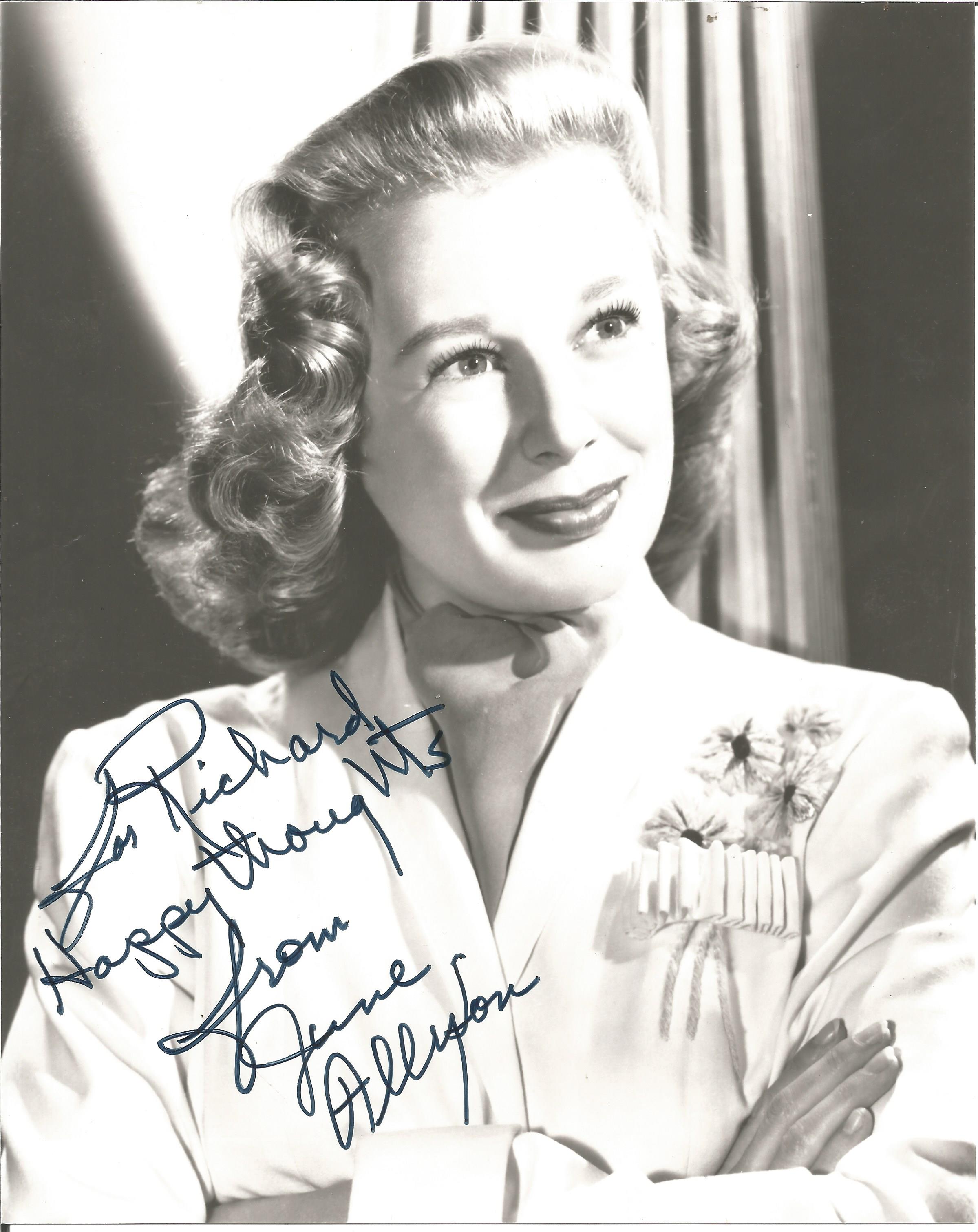 June Allyson signed 10x8 black and white photo dedicated. Good condition. All autographs come with a