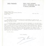 Dick Francis TLS, Typed signed letter Dated 19/07/81 Headed Paper, famous author. Good condition.