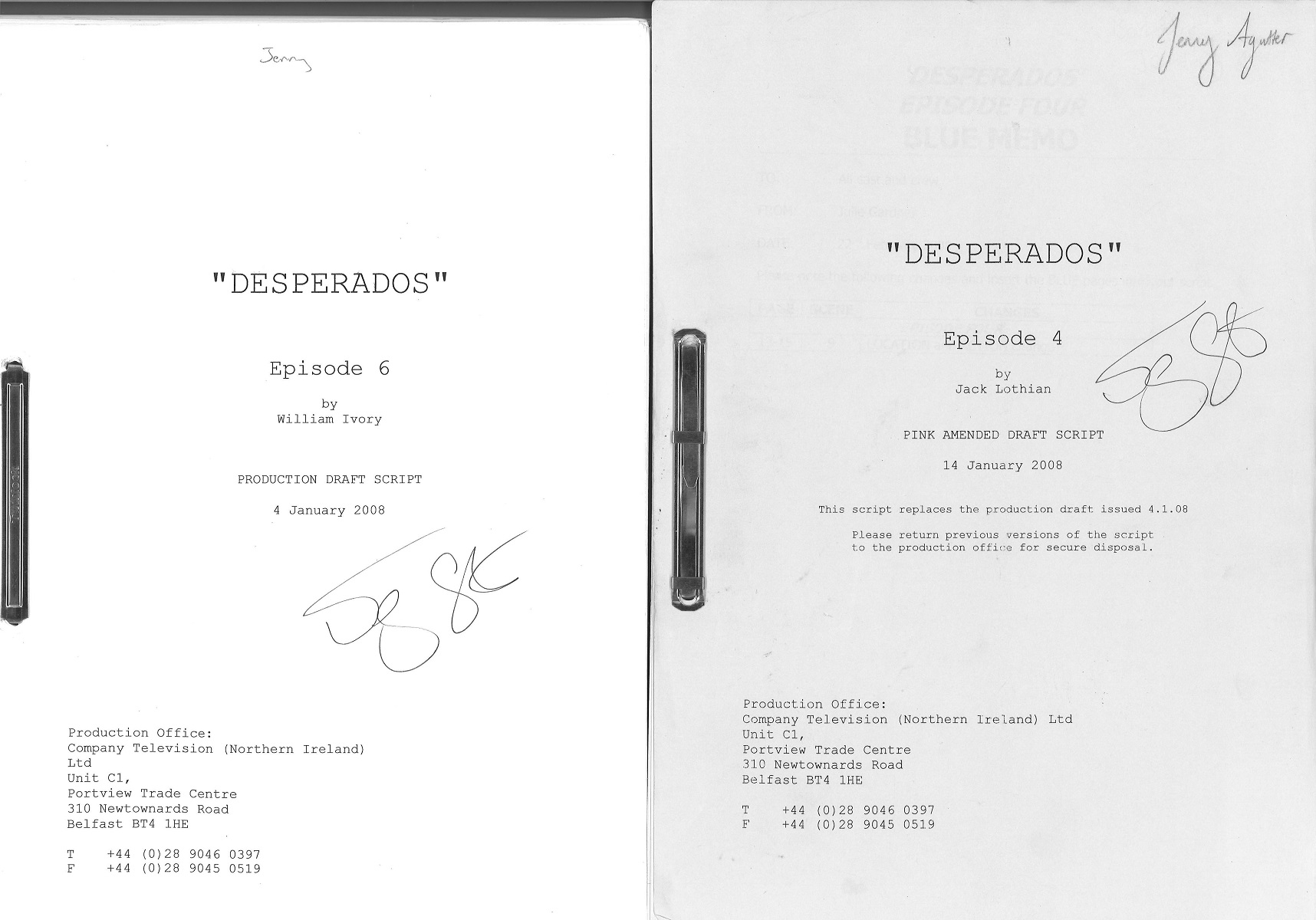 Collection of TV Scripts for "Desperados" Episodes 4, 6, With Unknown Signature, and Midsummer