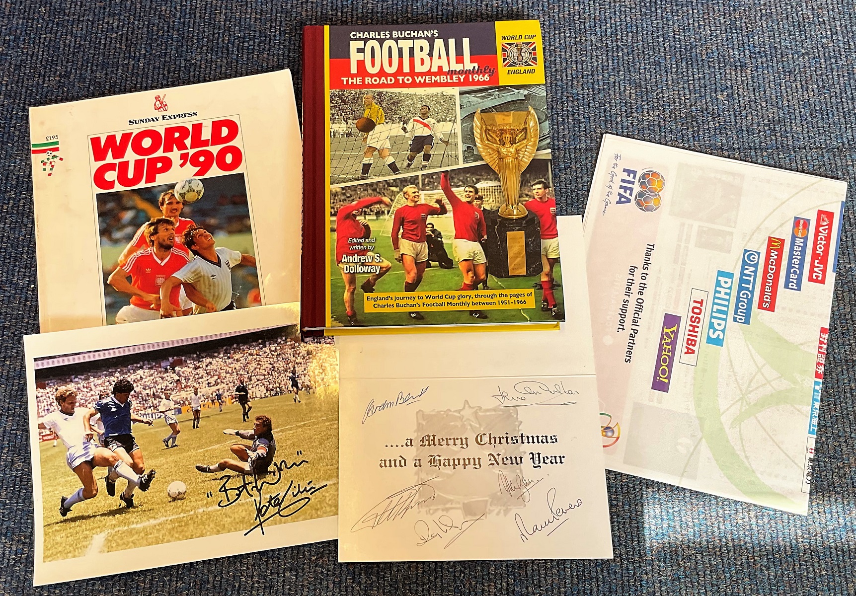 Football collection 5 interesting items includes 1966 World Cup Christmas card signed by Gordon