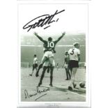 Football Geoff Hurst and Martin Peters signed 12x8 black and white photo pictured celebrating during
