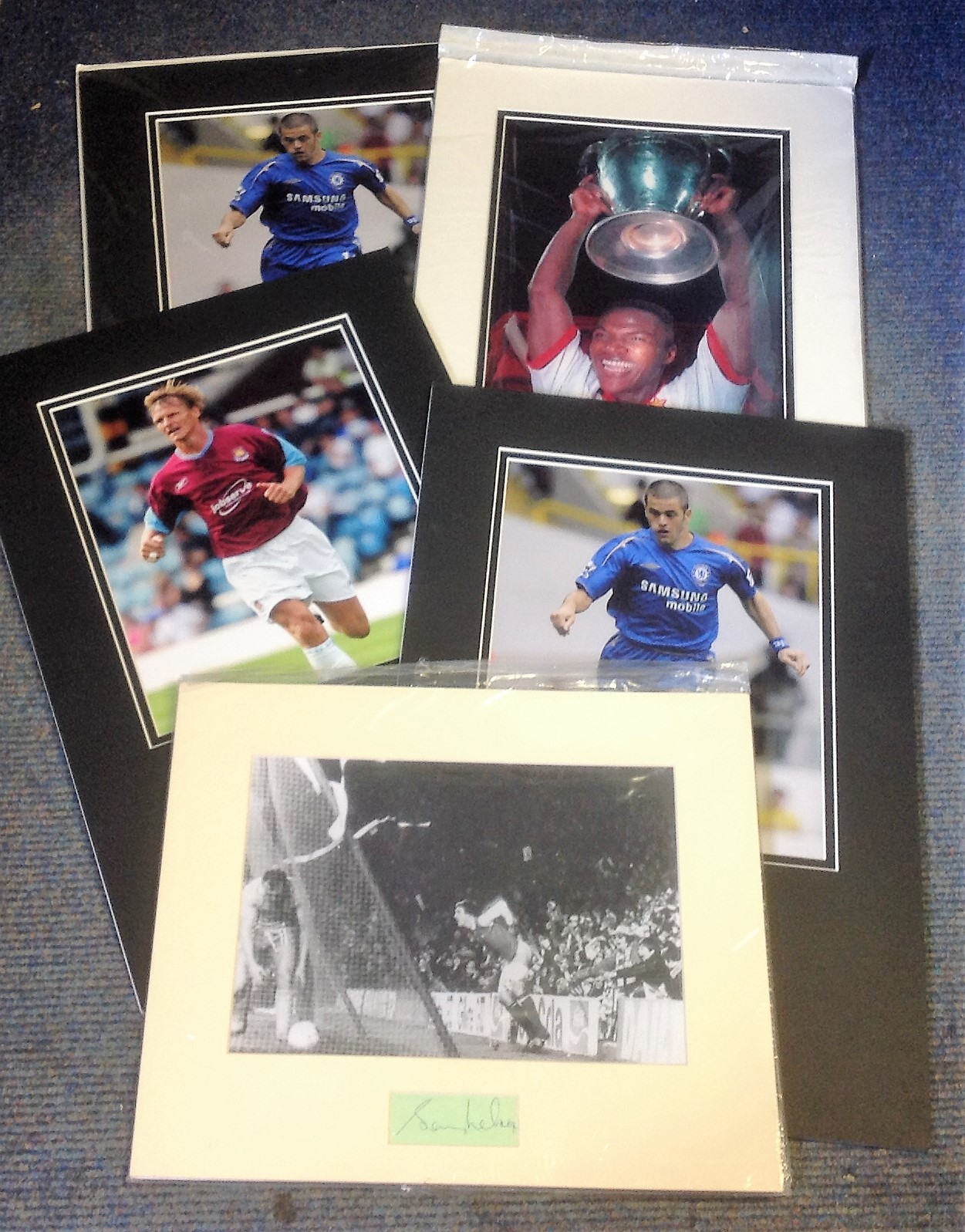 Football collection 5 mounted signature pieces includes 2, Joe Cole, Teddy Sheringham, Marcel