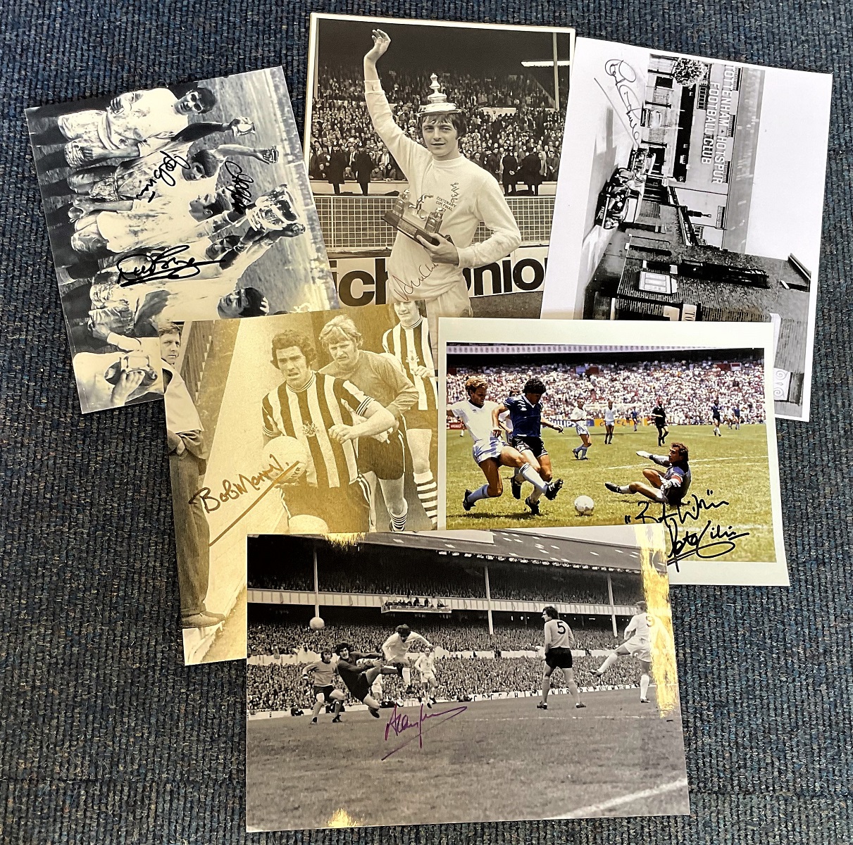 Football collection 6 signed assorted photos includes some great names such as Peter Shilton,