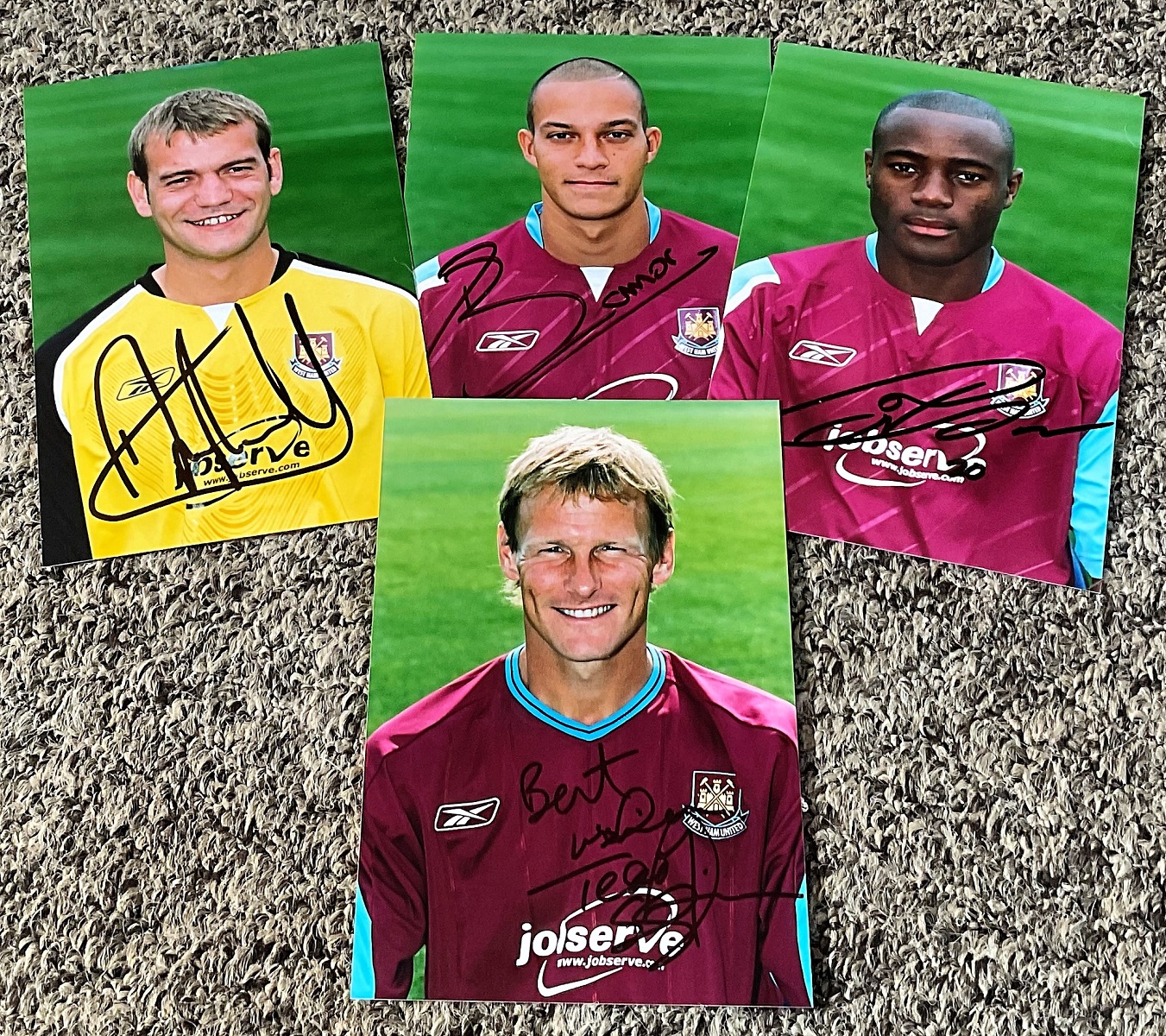 West Ham Football collection 4 signed 6x4 colour photo includes Teddy Sheringham, Nigel Reo Coker,