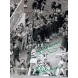 Autographed Celtic 8 X 6 Photo - B/W, Depicting Celtic s Frank Mcgarvey Being Joined In