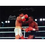 Boxing Sugar Ray Leonard and Roberto Duran signed 16x12 colour photo. Good condition. All autographs