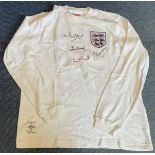 Football England Legends multi signed Retro England shirt signatures included are Jimmy Armfield,