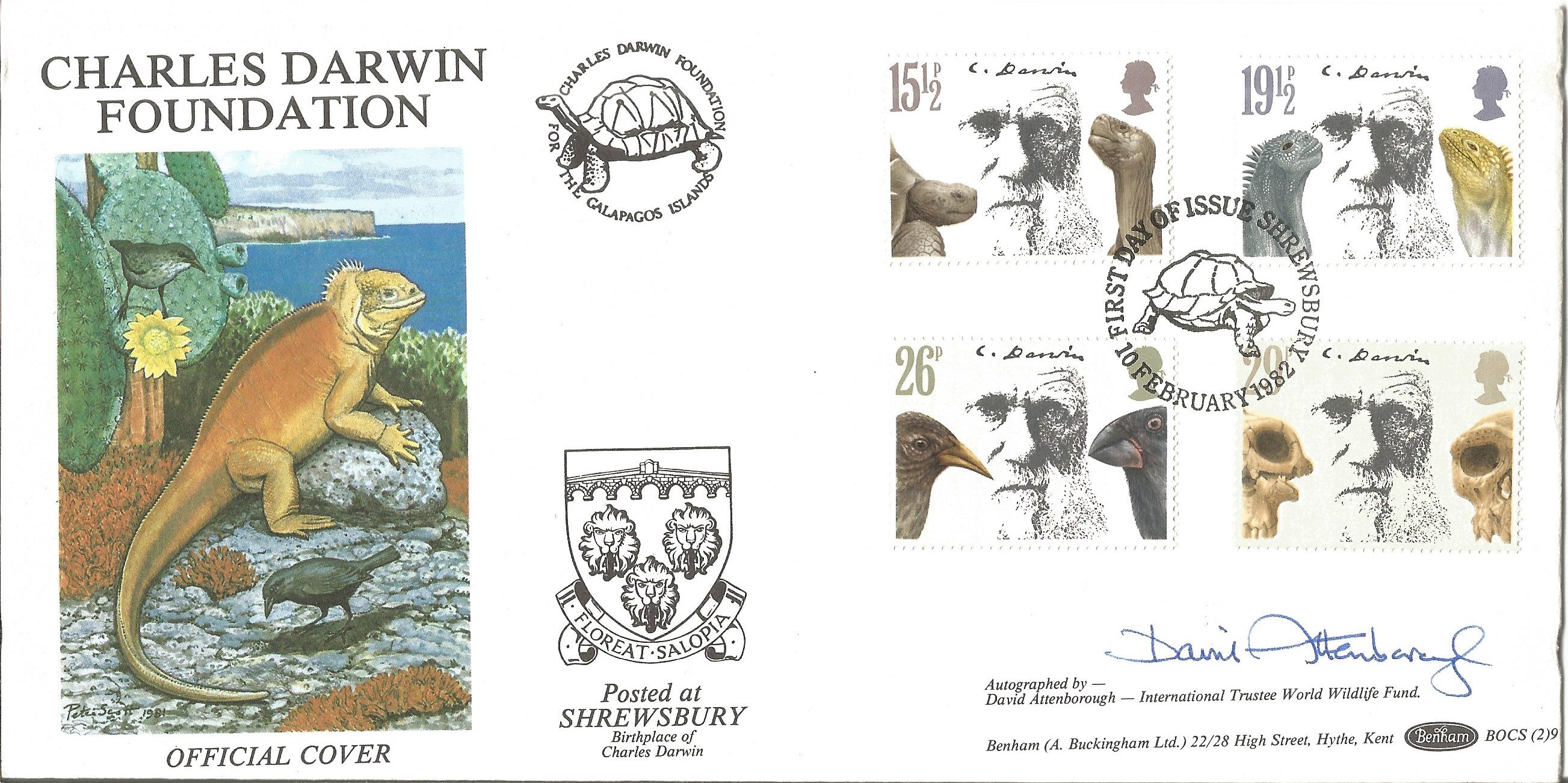 David Attenborough signed Benham official FDC for the Charles Darwin Foundation. Signed by David