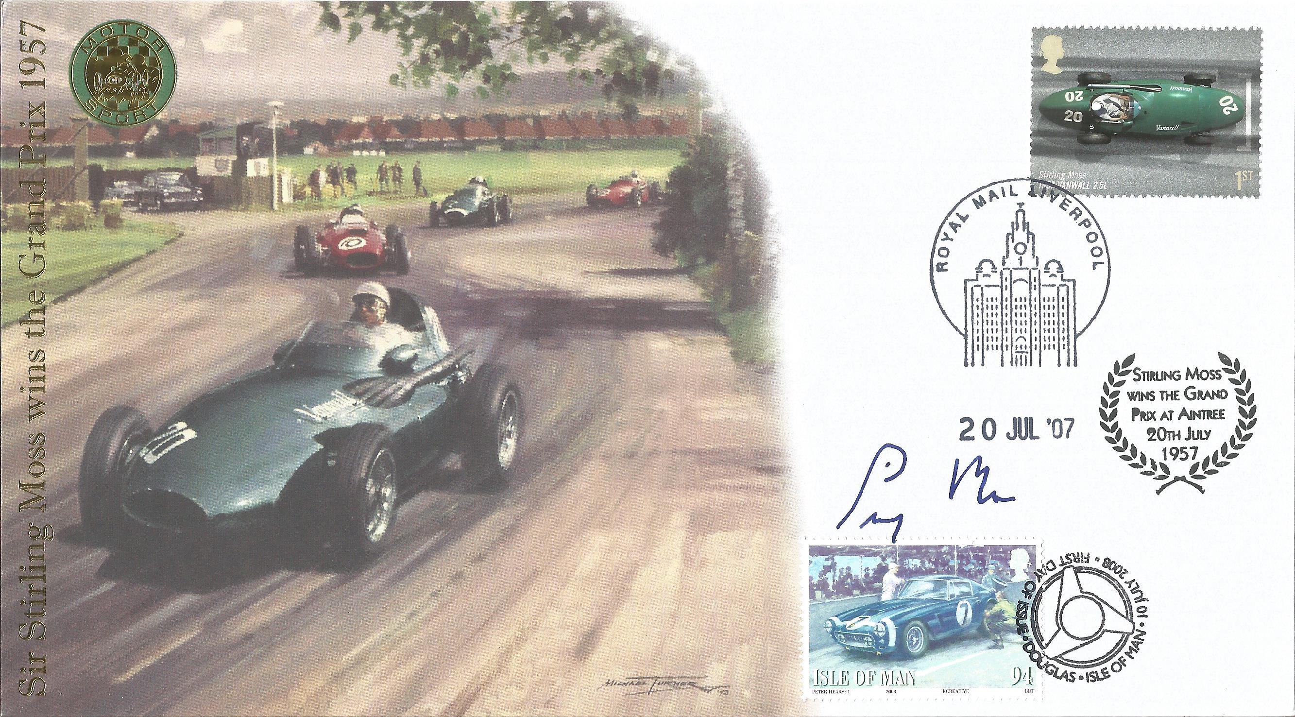 Sir Stirling Moss signed FDC wining the Grand Prix in 1957. Postmark 20th July 2007. signed and isle
