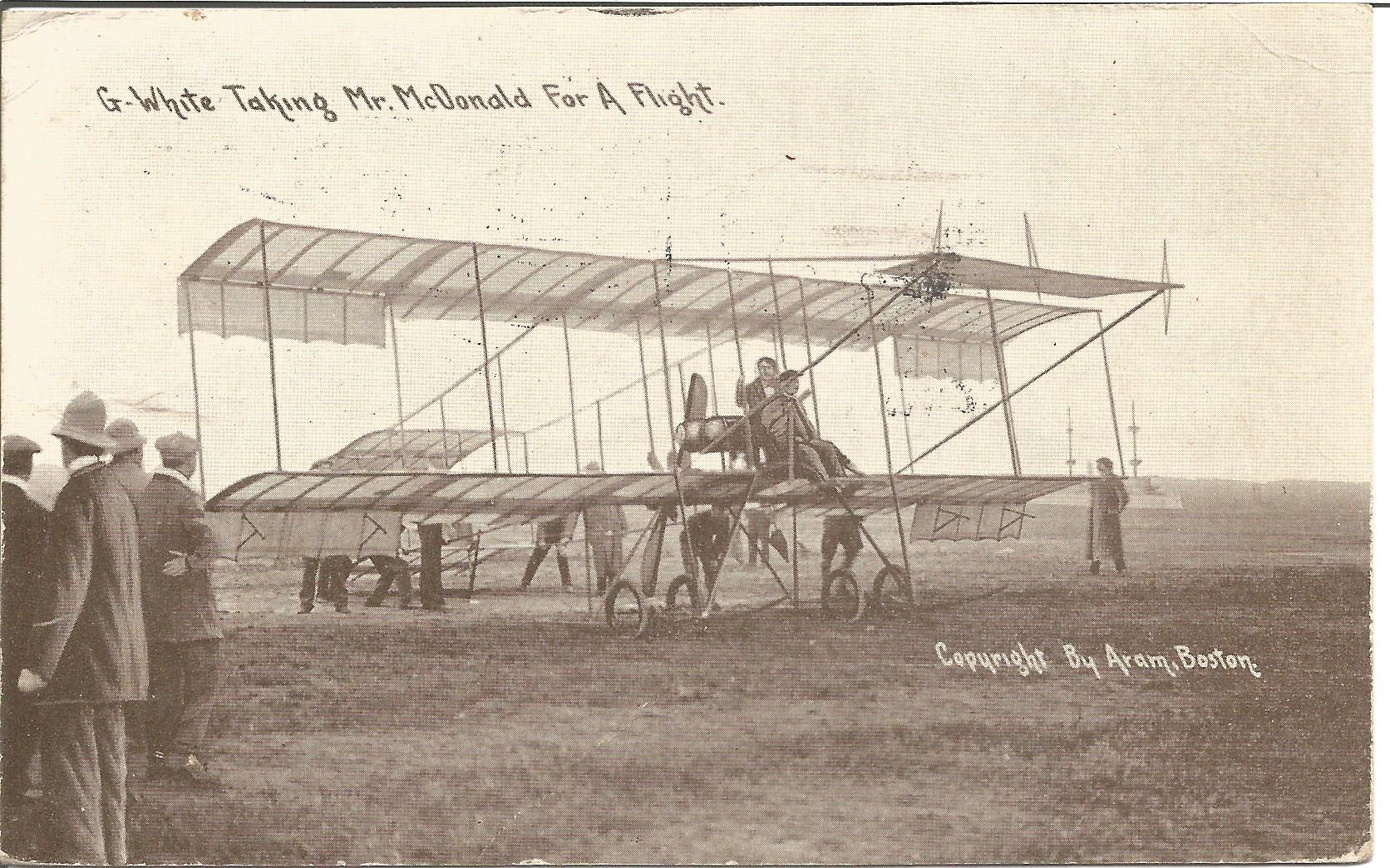 1910 G White taking Mr MacDonald for a flight vintage postcard, Historical interest in senders - Image 2 of 2