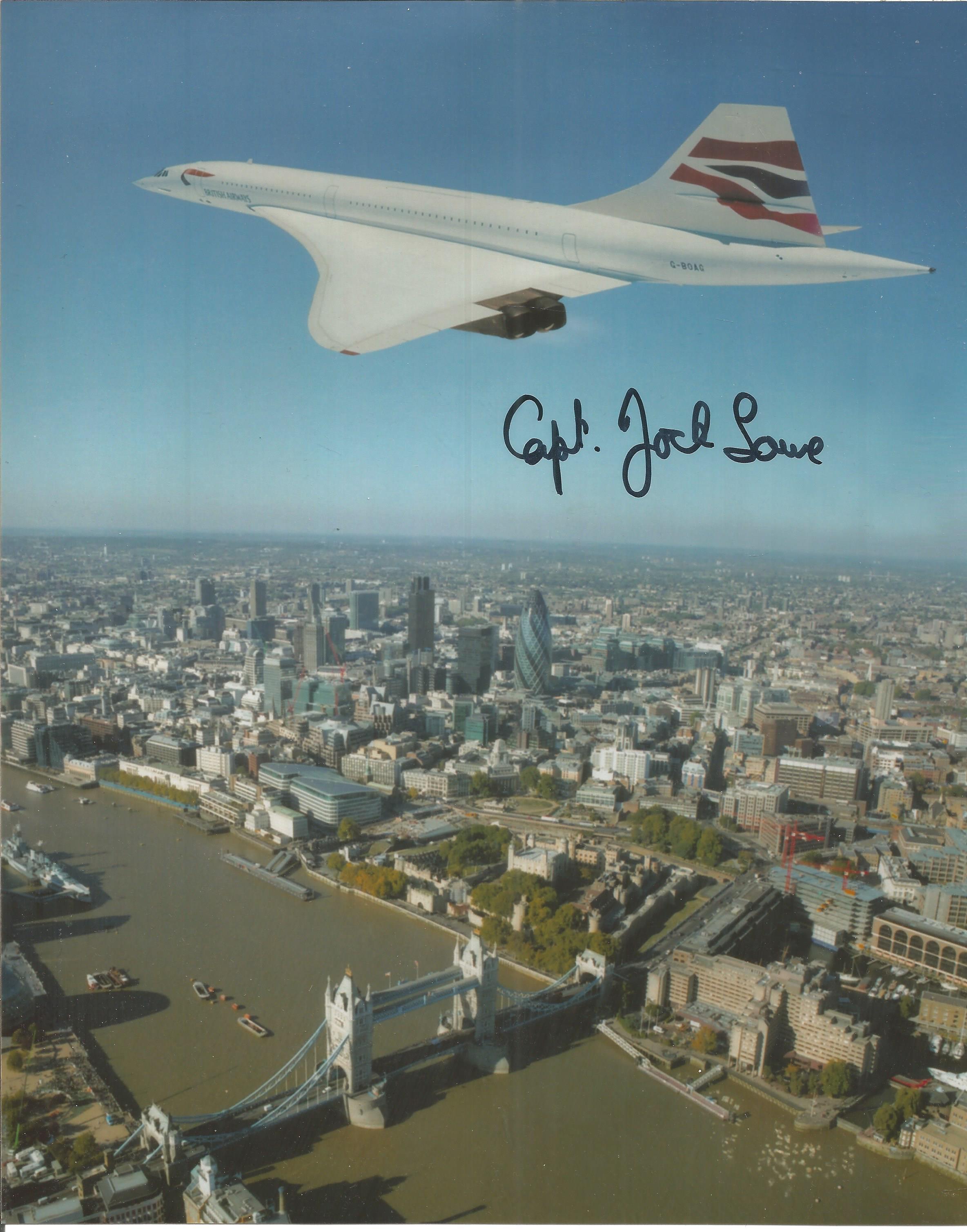 Concorde captain Jock Lowe signed 10 x 8 inch colour photo of Concorde over The Tower of London.