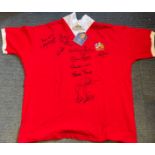 Football Manchester United multi signed retro shirt signed by 10 Old Trafford Legends includes Tommy