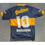 Football Diego Maradona signed Boca Juniors replica shirt size large. Good condition. All autographs