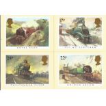 A Collection of 4 PHQ Postcards Featuring Train Themed Stamps, Cheltenham Flyer, Royal Scot,