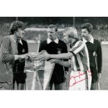 Autographed Jimmy Greenhoff 12 X 8 Photo B/W, Depicting The Stoke Captain Exchanging Pennants With