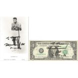 Muhammad Ali signed 5x4 black and white photo and a signed USA One Dollar note. Good condition.