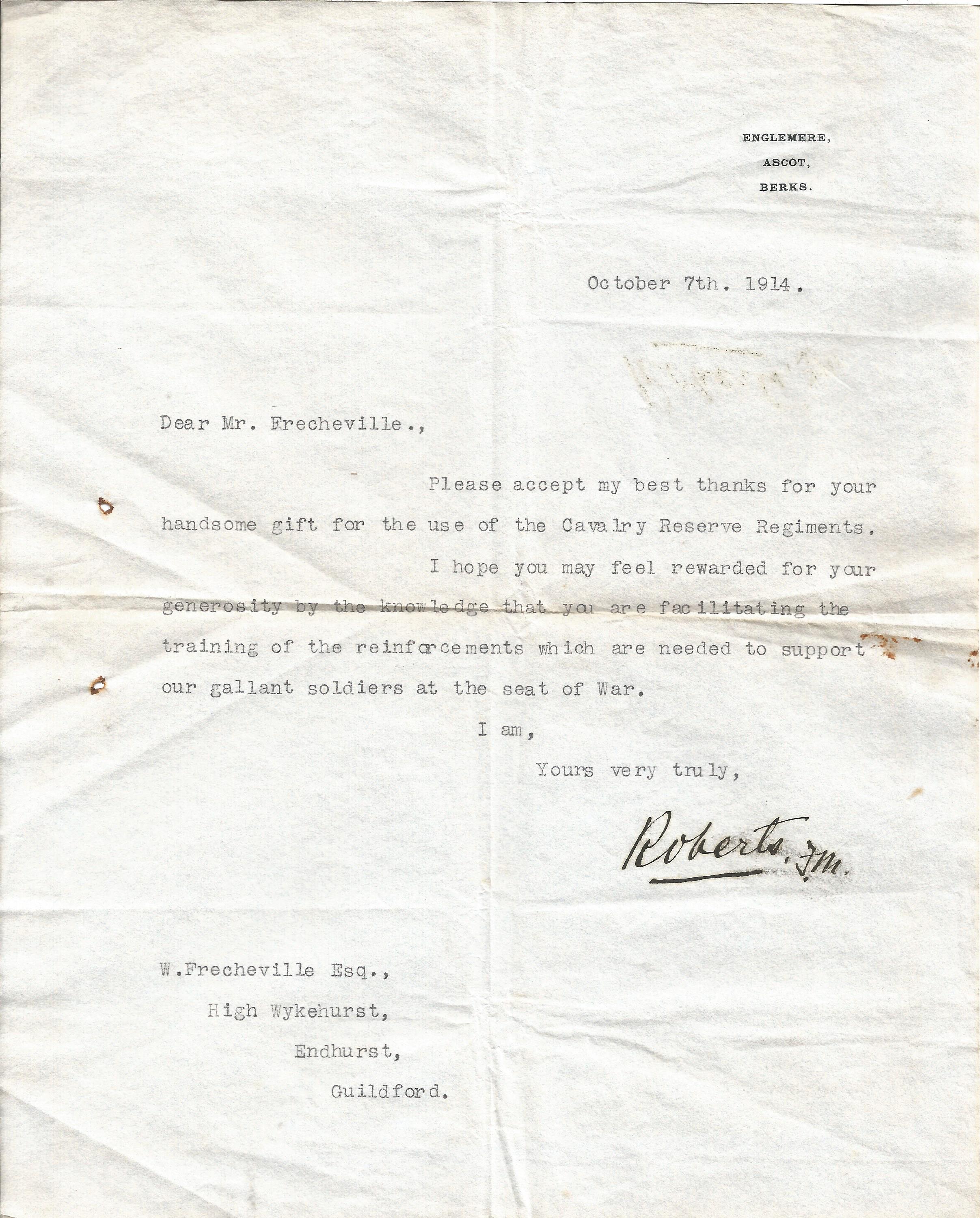 Field Marshall Frederick Roberts VC TLS dated October 7th 1914 letter contains good content in which