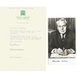 Harold Wilson signed 3 1/2 x 6 black and white photo. Also includes A5 TLS from his private