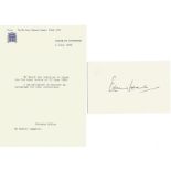 Edward Heath signed3 1/2 x 5 1/2 card with accompanying A5 TLS from the private office of Mr Heath