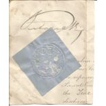 Queen Victoria autograph on piece of document with seal approx 4 x 3 inches. Good condition Est.