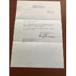 US President Harry S Truman typed signed letter 1956 on Federal Reserve notepaper, to Brig L