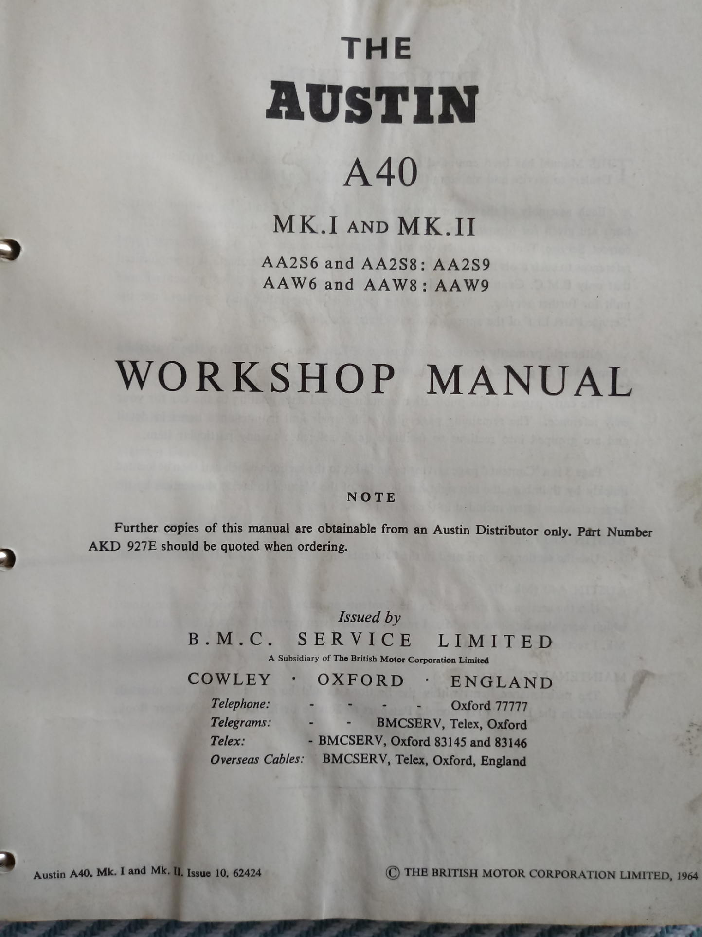 Austin A40 Marks I & II Workshop Manual ring binder Published 1964 The British Motor Corporation - Image 4 of 4