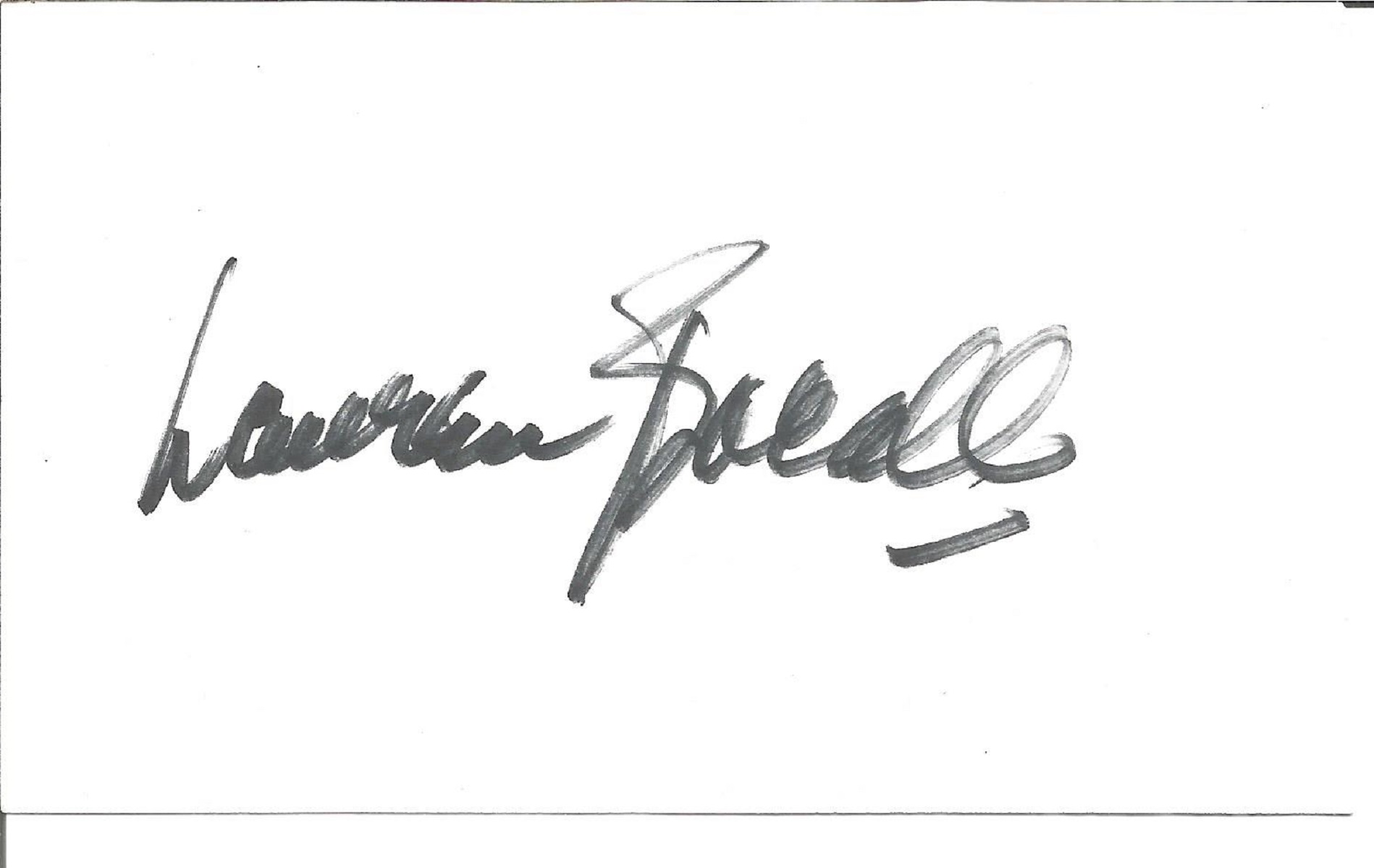 Lauren Bacall signed white card. Bacall was an American actress who was named the 20th-greatest
