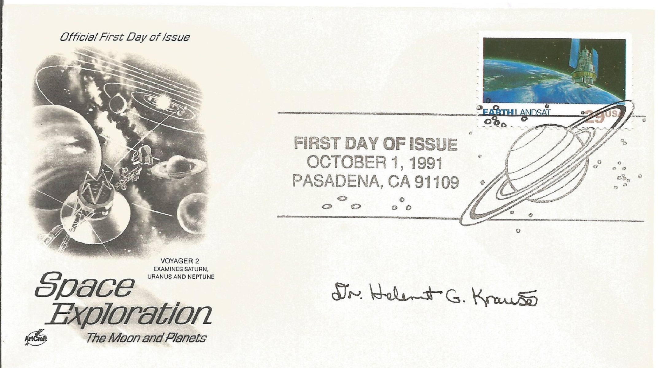 Dr Helmut G Krause signed Space Exploration First Day of Issue Cover illustrated with voyager 2