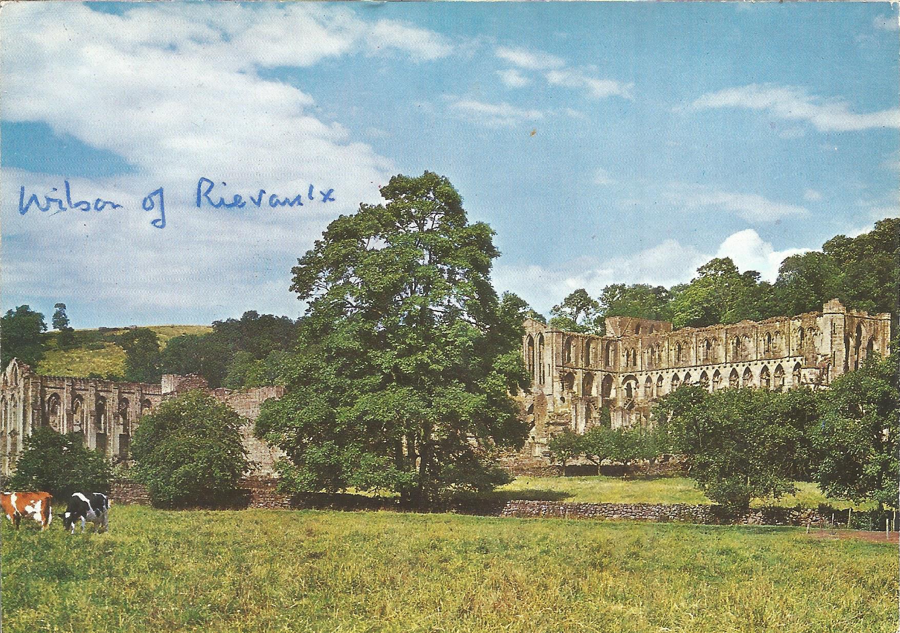 Prime Minister Harold Wilson signed 6 x 4 inch colour postcard of Rievaulx Abbey. Good condition.