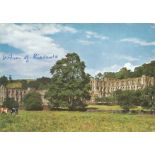 Prime Minister Harold Wilson signed 6 x 4 inch colour postcard of Rievaulx Abbey. Good condition.