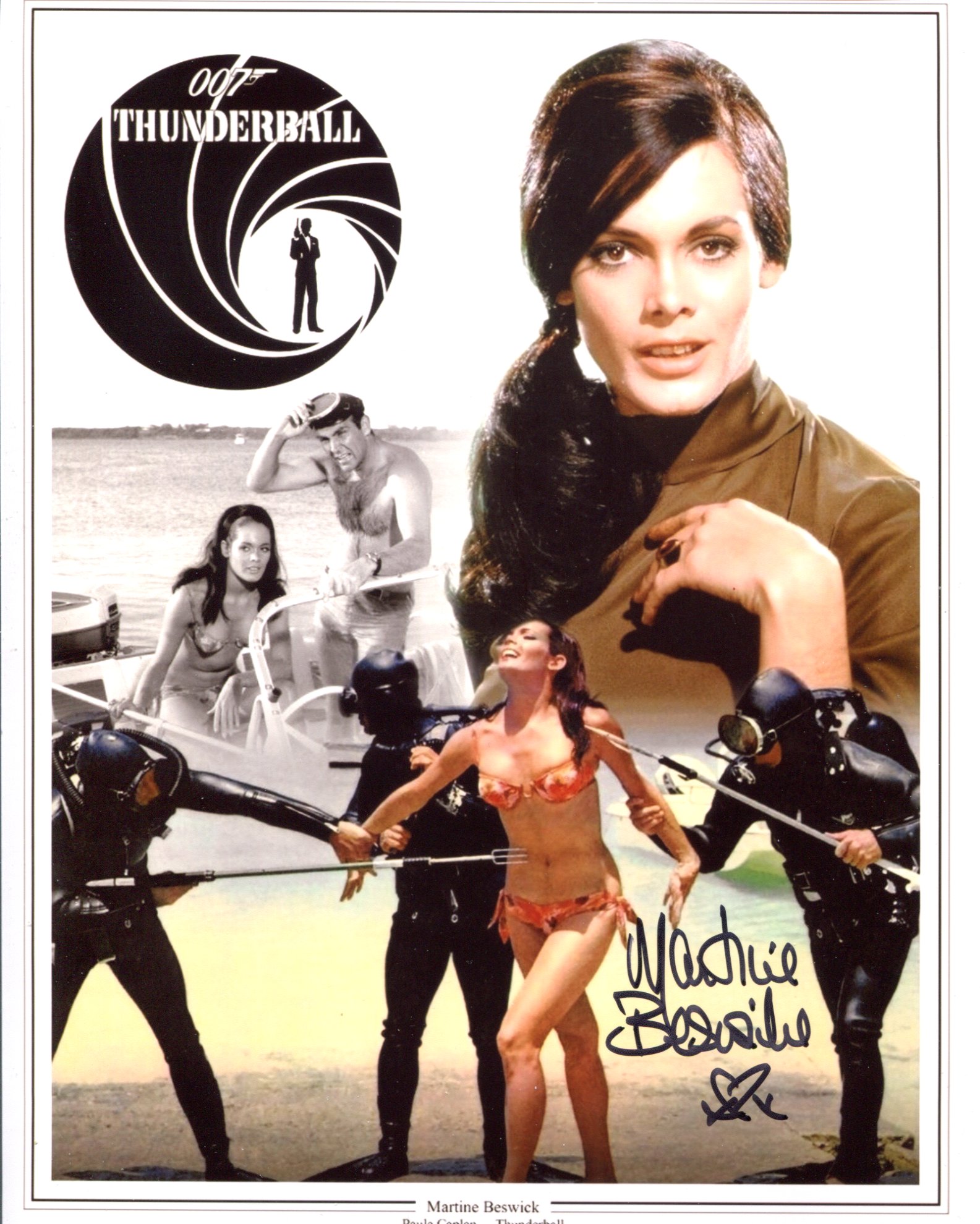 007 Bond Girl 8x10 inch Bond movie Thunderball montage photo signed by actress Martine Beswick. Good