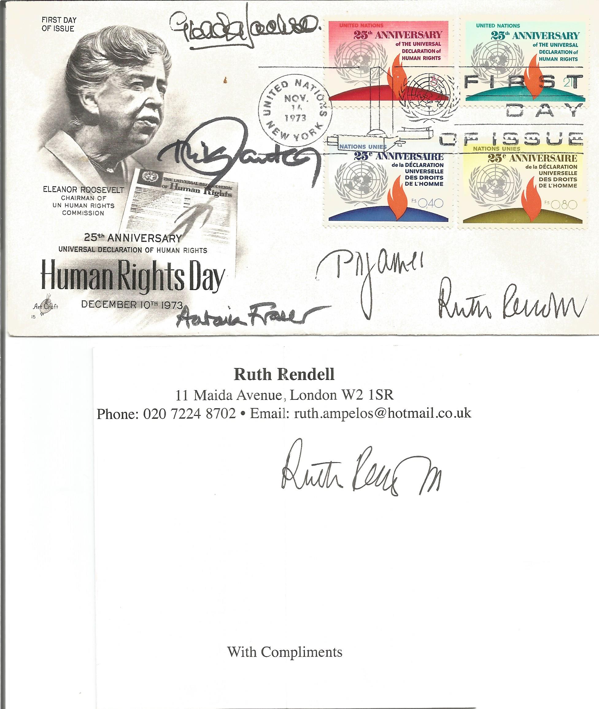 P.D James, Ruth Rendell, Hillary Mantell, Glenda Jackson and Antonia Fraser multi-signed FDC