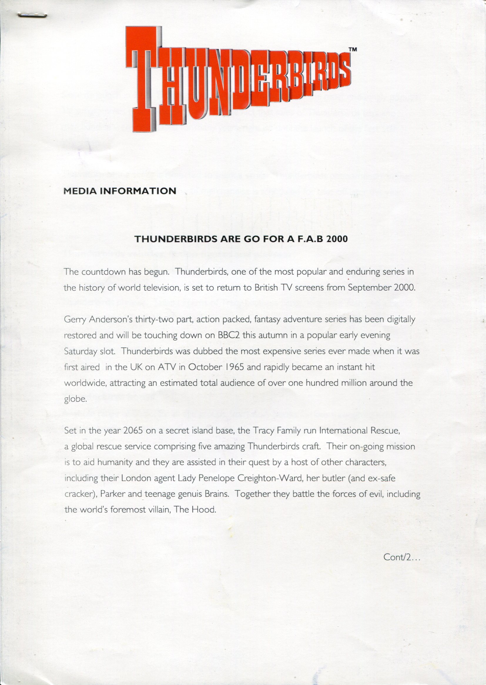 Thunderbirds, Media Information pack signed to cover by the late Gerry Anderson, comes with three - Image 2 of 2