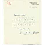 Mountbatten of Burma TLS dated 28/8/54 on CinC Mediterranean letterhead, giving thanks for arranging