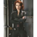 Scarlett Johansson signed 10x8 colour photograph taken during her role as Natasha Romanoff, Black