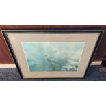 World War II Douglas Bader signed 27x24 framed and mounted print titled Bader Bale Out by the artist