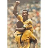 Pele signed 23x17 colour photo iconic image celebrating during the 1970 World Cup Finals. Good