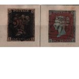 2 GB stamps on stockcard. 1840 SG1 - imperf used 1d black, 3 good margins. 1841 SG8 - imperf 1d