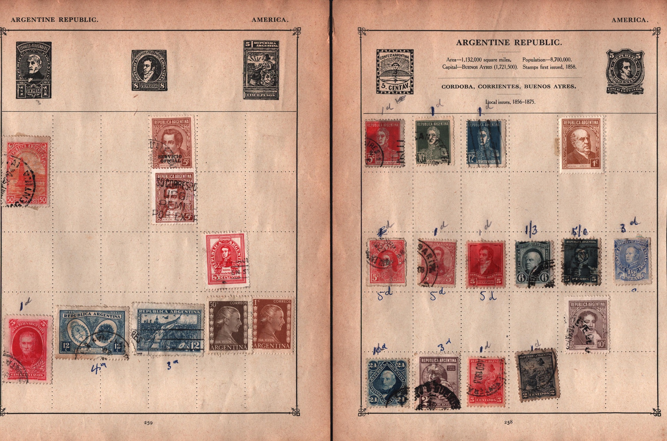 South America and USA stamp collection on 29 pages. Includes stamps from Argentina, Brazil, Chile,