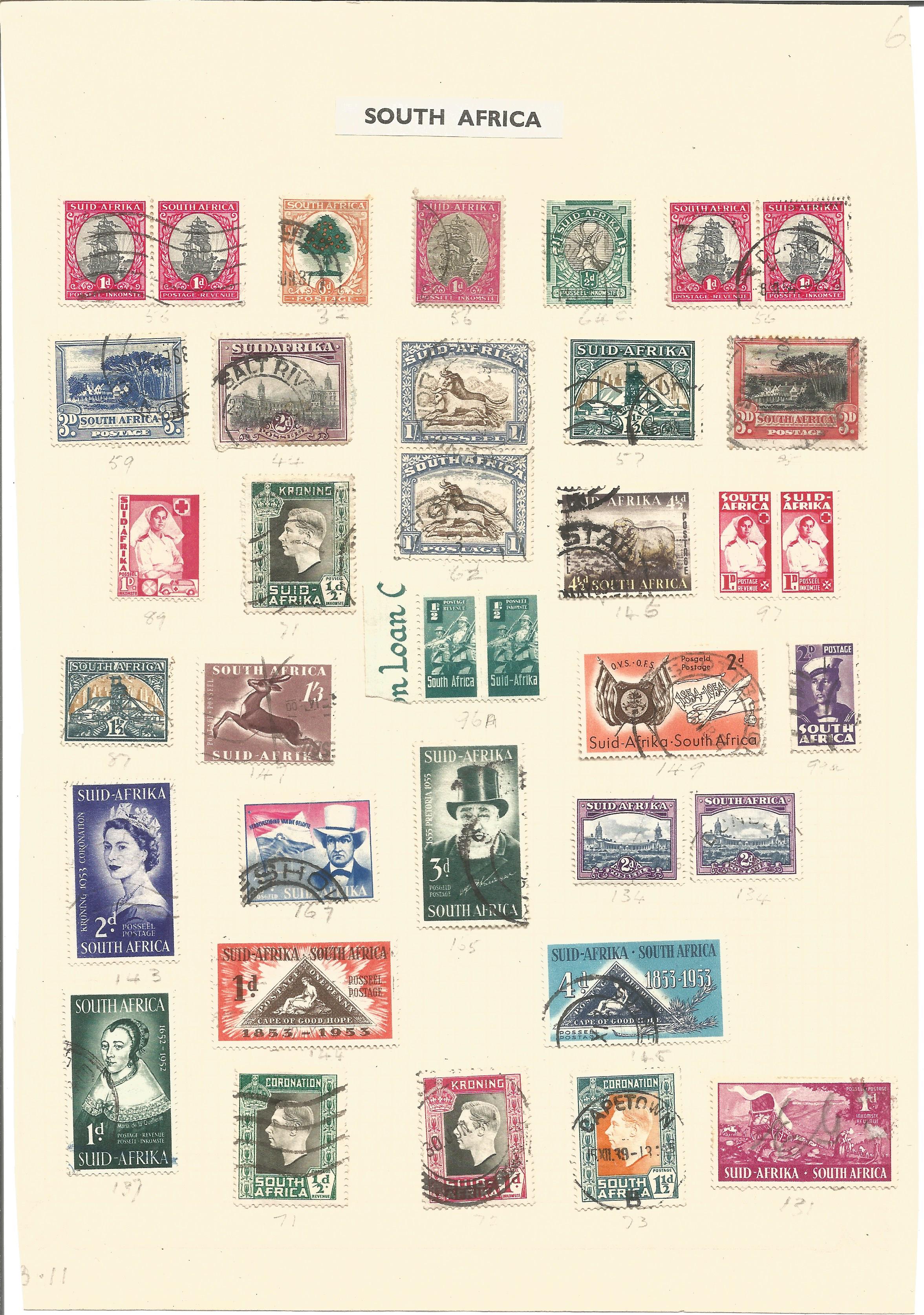 South African stamp collection on 2 loose sheets. 58 stamps. Good condition. We combine postage on