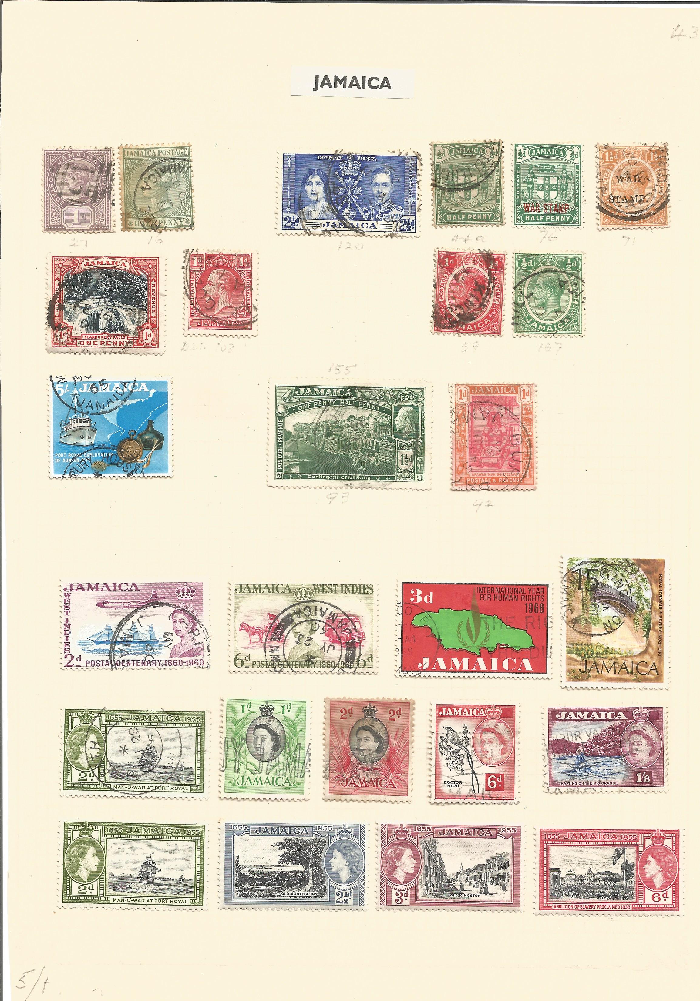 Jamaican stamp collection on 2 loose pages. 43 stamps. Good condition. We combine postage on