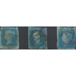 3 GB d blue imperf SG14 stamps on stockcard. Cat value £255. Good condition. We combine postage on