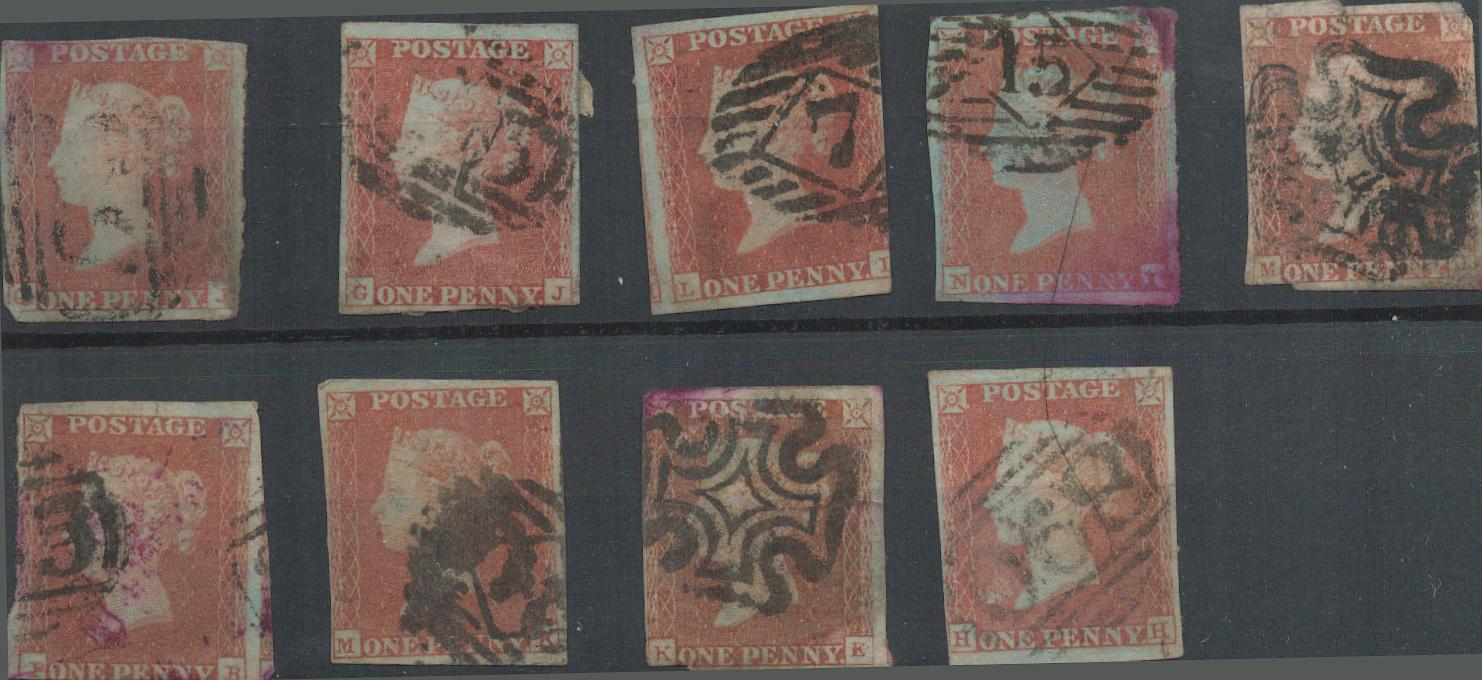 SG8 GB 1d brown - imperf 9 stamps on stockcard. Good condition. We combine postage on multiple