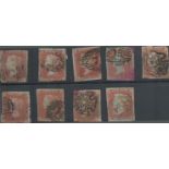 SG8 GB 1d brown - imperf 9 stamps on stockcard. Good condition. We combine postage on multiple