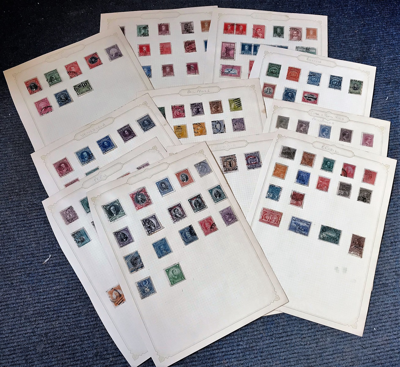 South America stamp collection 10 loose album pages countries include Argentina, Ecuador, Bolivia,