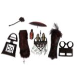 Tribal artefacts collection. 8 items assortment of metal, wood and leather. Good luck charms,
