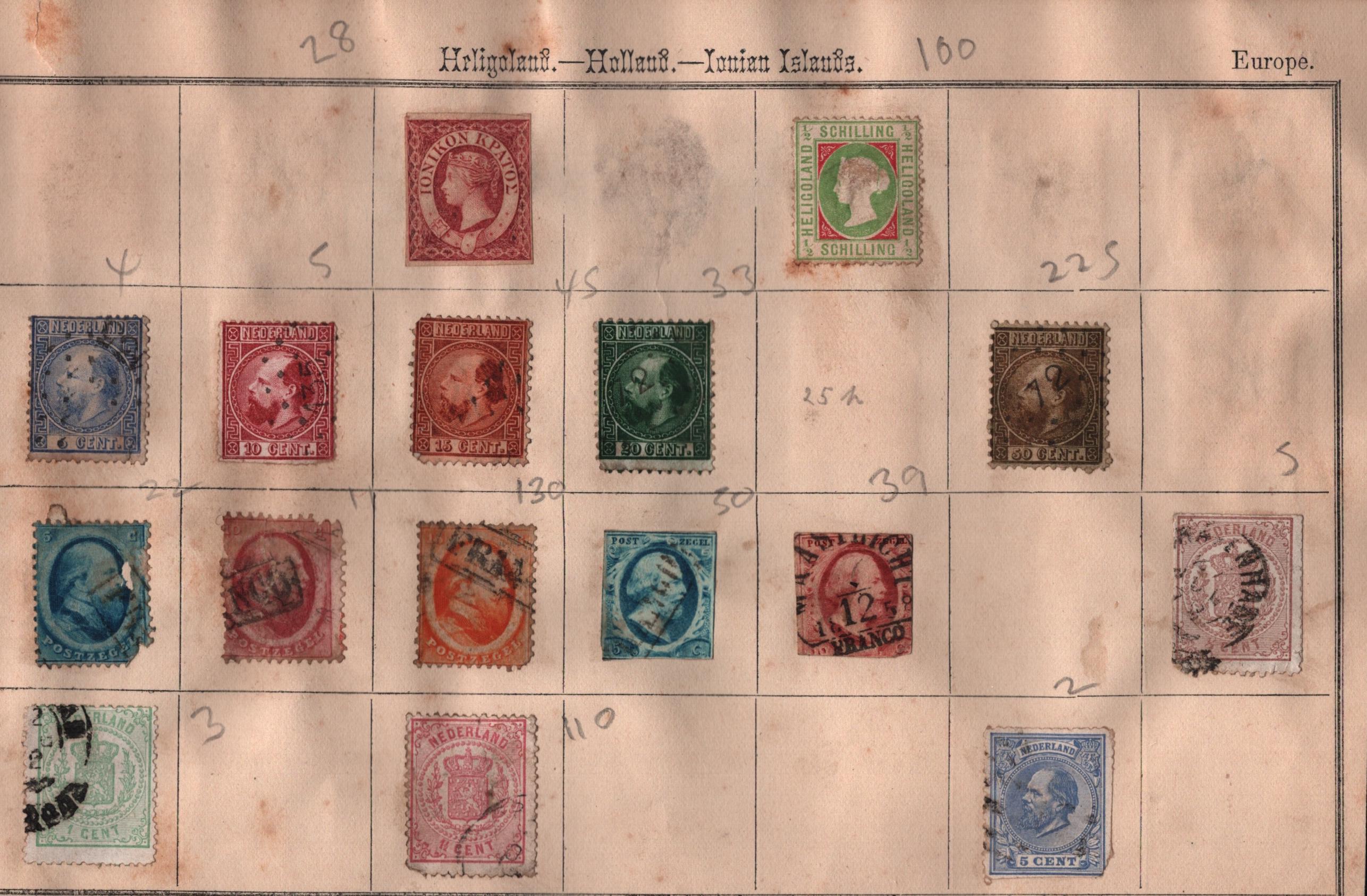 Assorted stamp collection. 14 Dutch stamps 1852/1872 imp and perf. Ionian Islands 1 stamp.