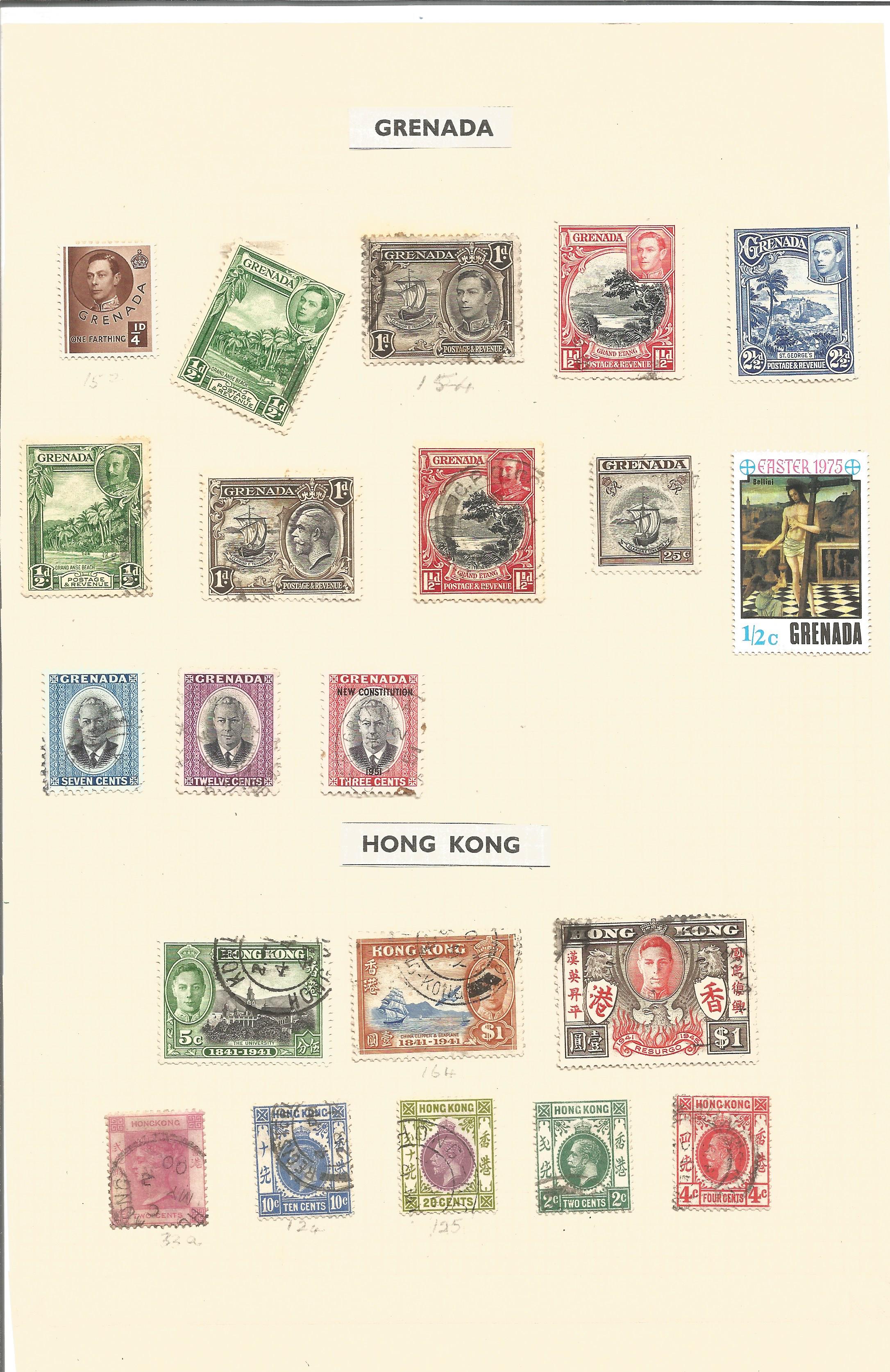 Grenada and Hong Kong stamp collection on 1 loose album page. 21 stamps. Good condition. We