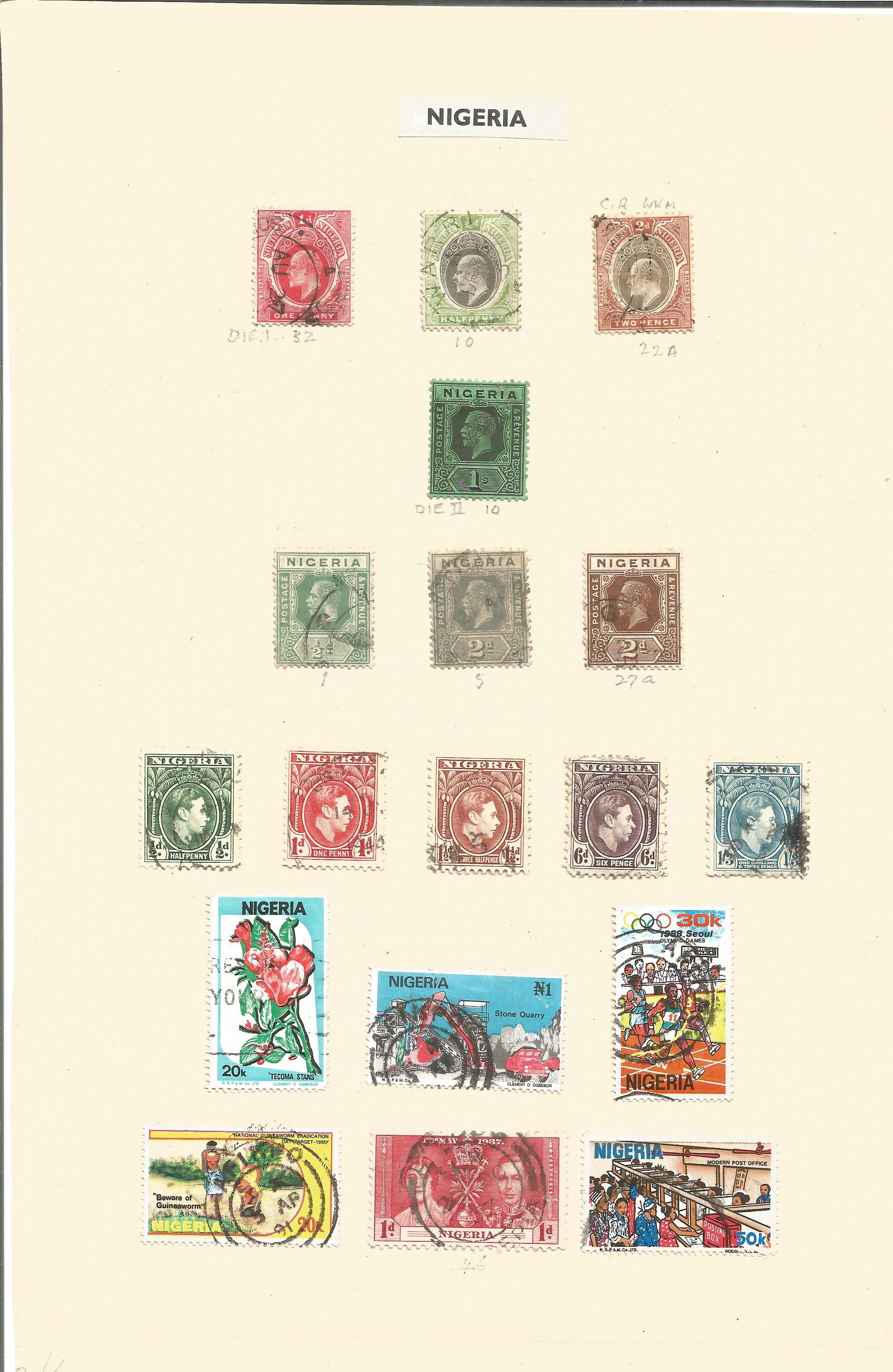 Nigerian stamp collection on 2 loose pages. 36 stamps. Good condition. We combine postage on